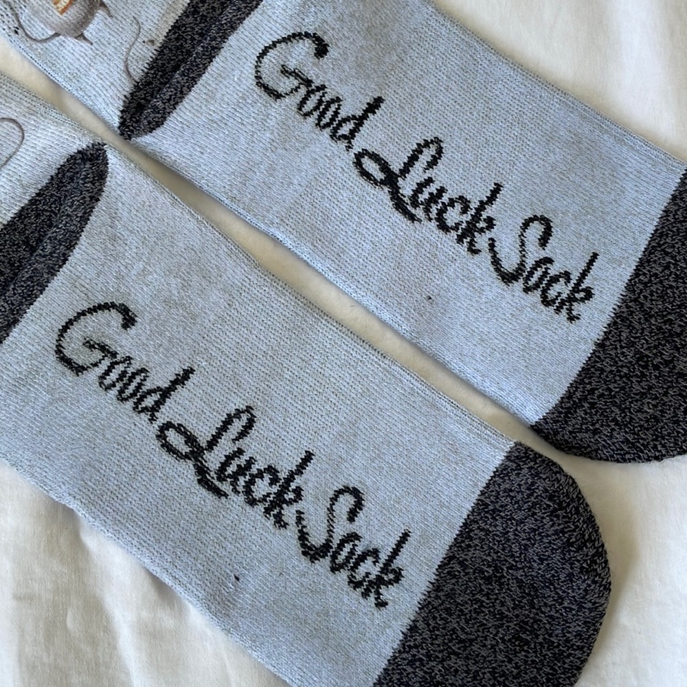 GOOD LUCK SOCKS, brand new. Grey with mice